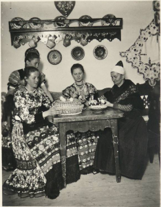 Hungarian Easter Postcard Matyo women painting eggs 1930s 1950s